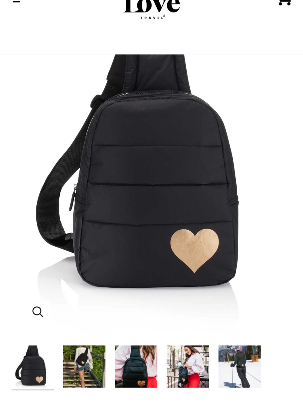 Black Sling Backpack with Metallic Gold Heart Accent